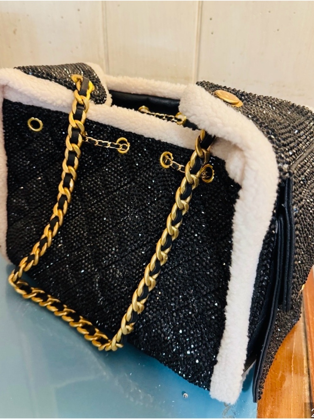 Black Swarovski Chain-Handle Shoulder Bag with Cream Trim